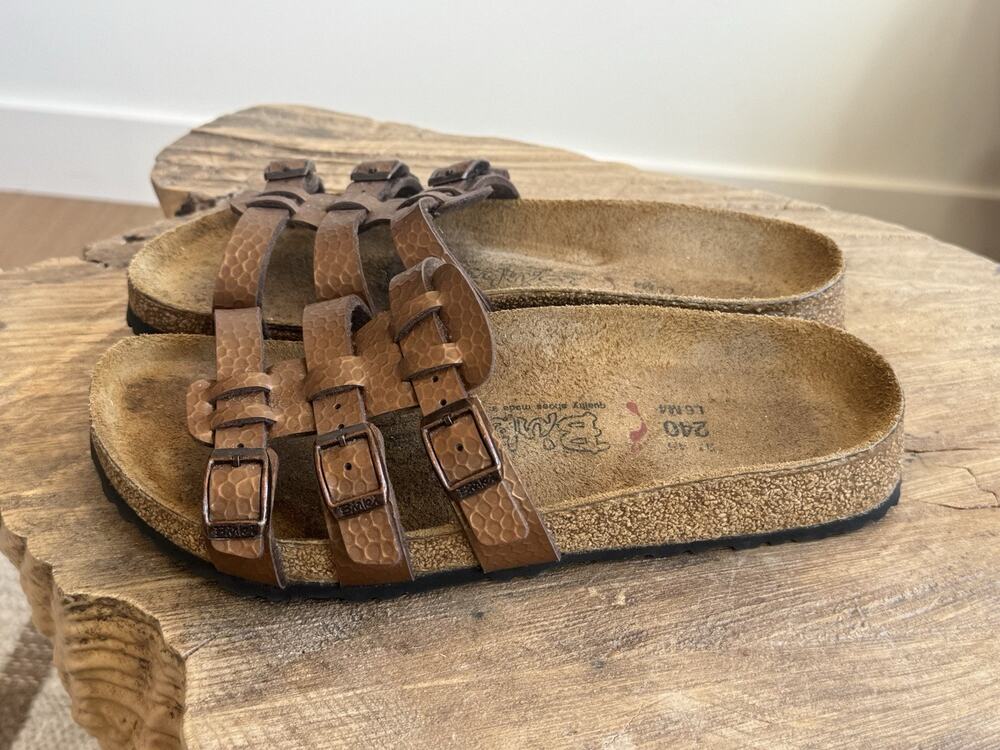 Birkenstock Nirki’s Xenia Triple Strap Leather Sandals 37 W 6 Copper Slides